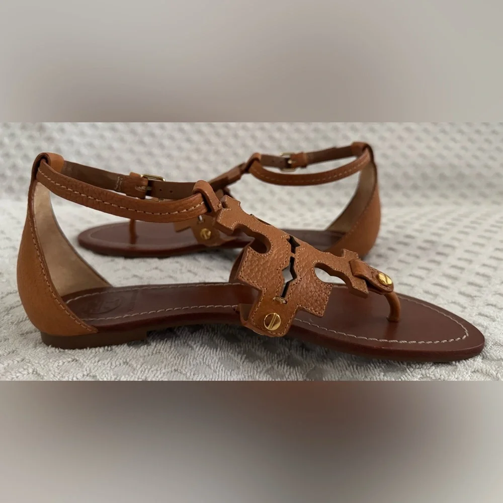 Tory Burch Phoebe Flat Thong Tumbled Leather Sandal Royal Tan Brown Size 6 30437 - Picture 11 of 16